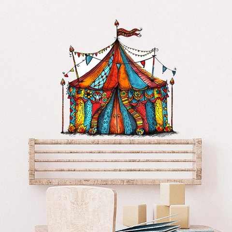 Adesivo da Parete Colorato con Carpa da Circo per Cameretta Bambini PVC Autoadesivo Cartone Animato per Decorazione Compleanno