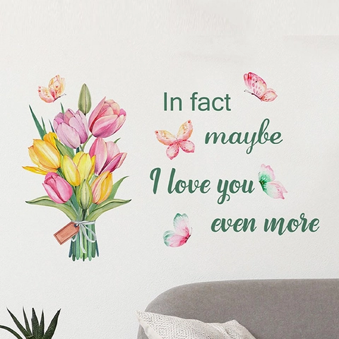 Watercolor Tulip Flower Bouquet Butterfly Wall Sticker PVC Self Adhesive English Quote Wall Decal For Living Room Bedroom Decor