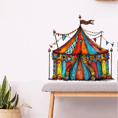 Adesivo da Parete Colorato con Carpa da Circo per Cameretta Bambini PVC Autoadesivo Cartone Animato per Decorazione Compleanno