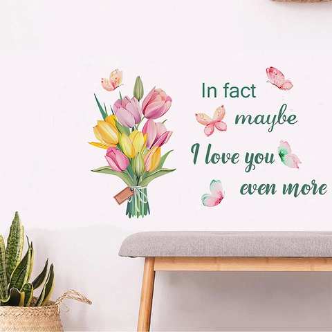 Watercolor Tulip Flower Bouquet Butterfly Wall Sticker PVC Self Adhesive English Quote Wall Decal For Living Room Bedroom Decor