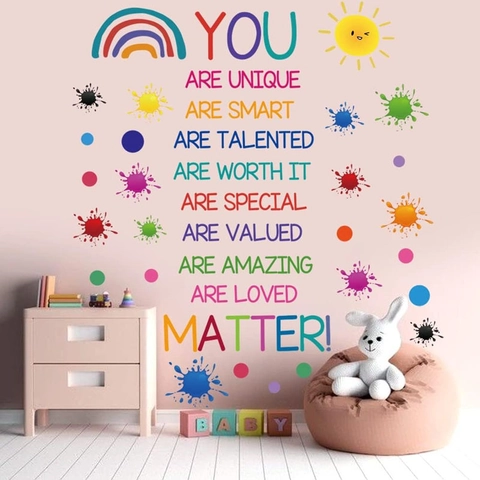 Sticker Mural Arc-en-ciel Inspirant Avec Citations Motivationnelles Éclaboussures d'Encre Colorées Autocollants en PVC pour Décor de Chambre d'Enfant