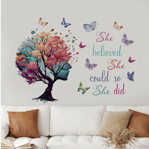 Women Silhouette Wisdom Tree Butterfly Inspirational Quote Wall Sticker Floral Art PVC Decal For Living Room Bedroom Decor