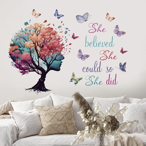 Women Silhouette Wisdom Tree Butterfly Inspirational Quote Wall Sticker Floral Art PVC Decal For Living Room Bedroom Decor