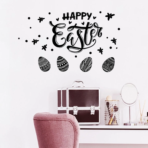 Adesivi Murali Buona Pasqua in PVC Rimovibili Adesivi da Parete con Uova Decorate per Soggiorno Camera da Letto Decorazioni