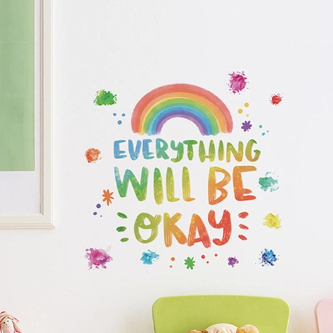 Αυτοκόλλητο Τοίχου Ουράνιο Τόξο Everything Will Be Okay Πουά Υδατογραφία PVC Αφαιρούμενο Αυτοκόλλητο Διακόσμηση Παιδικού Δωματίου