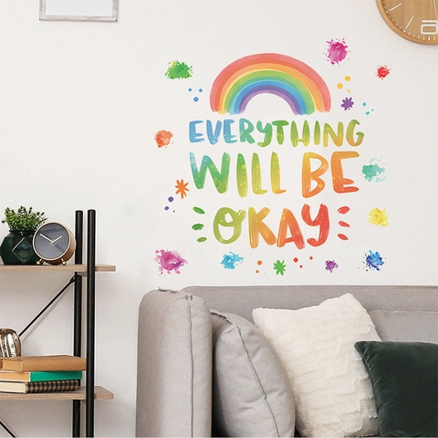 Αυτοκόλλητο Τοίχου Ουράνιο Τόξο Everything Will Be Okay Πουά Υδατογραφία PVC Αφαιρούμενο Αυτοκόλλητο Διακόσμηση Παιδικού Δωματίου