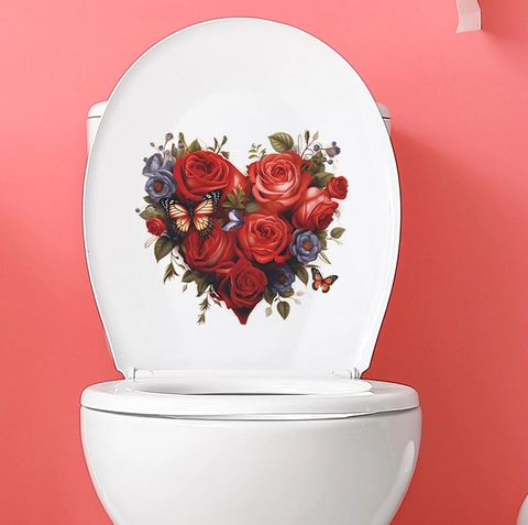Romantic Heart Shaped Rose Butterfly Toilet Sticker Waterproof PVC Wall Decal For Bathroom Home Decor Valentine's Day Gift