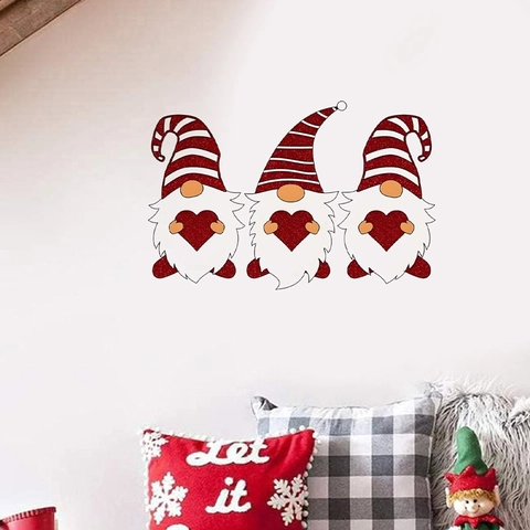 Pegatinas de Pared de Gnomos de Navidad de Dibujos Animados Gnomos con Corazón Rayas Rojas Blancas Calcomanías PVC Autoadhesivas