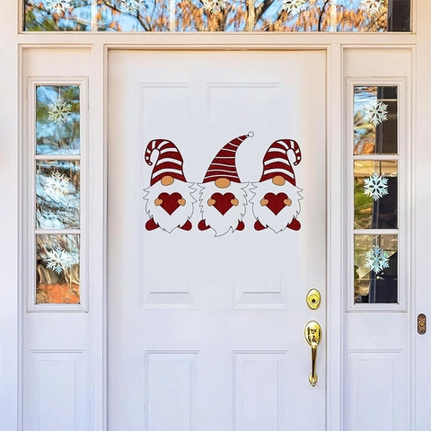 Pegatinas de Pared de Gnomos de Navidad de Dibujos Animados Gnomos con Corazón Rayas Rojas Blancas Calcomanías PVC Autoadhesivas