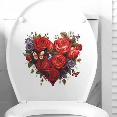Rose Heart Removable Toilet Sticker Waterproof PVC Flower Butterfly Wall Decal For Bathroom Decor Romantic Floral Decor