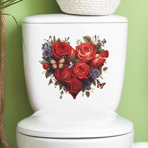 Rose Heart Removable Toilet Sticker Waterproof PVC Flower Butterfly Wall Decal For Bathroom Decor Romantic Floral Decor