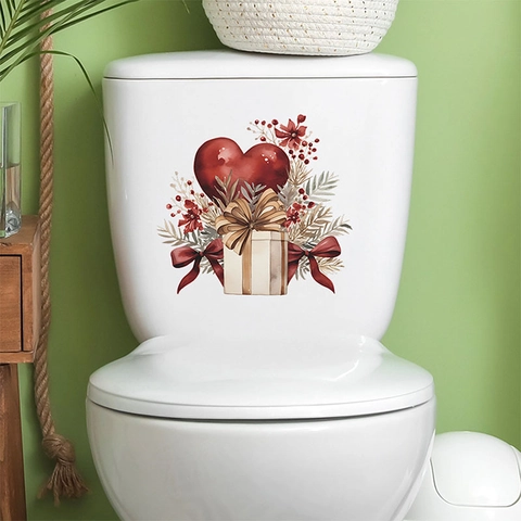 Adesivo per Coperchio del Gabinetto in PVC Acquerello Cuore E Scatola Regalo per San Valentino Decorazione Parete Bagno Romantica
