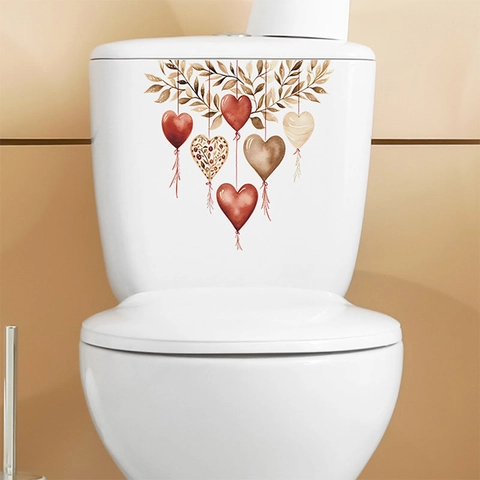 Pegatina de Pared Rama de Hojas Globo Corazón Acuarela Impermeable PVC Autoadhesivo Pegatina de Tanque de Inodoro para Decoración de Baño del Hogar