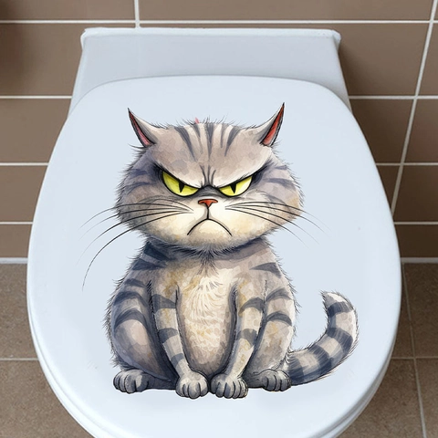 Boze Kat Toiletsticker Grijs Cyperse Kat Muursticker Grappig Verwijderbaar Waterdicht PVC Badkamer Decoratie DIY Dieren Sticker
