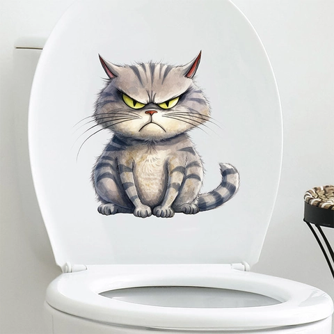 Boze Kat Toiletsticker Grijs Cyperse Kat Muursticker Grappig Verwijderbaar Waterdicht PVC Badkamer Decoratie DIY Dieren Sticker