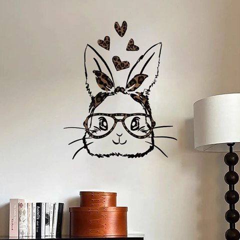 Cartoon Rabbit Wall Sticker Leopard Print Bow Glasses Hearts Self Adhesive DIY PVC Decal For Living Room Bedroom Decor