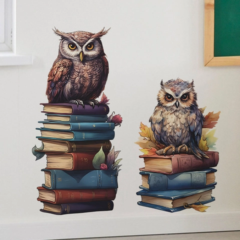 Adesivo da Parete Gufo su Libri Cartoon in PVC Autoadesivo Illustrazione Decalcomanie Removibili per Decorazione Camera Bambini