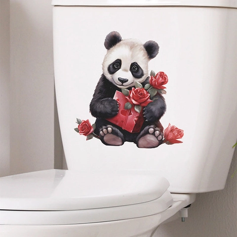 Sticker de Couvercle de Toilette Panda Mignon Avec Roses et Boîte Coeur Imperméable PVC Décalcomanie Animaux Salle de Bain