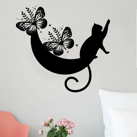Modern Minimalist Black Cat Moon Butterfly Wall Sticker Silhouette PVC Self Adhesive Home Decor For Living Room Bedroom
