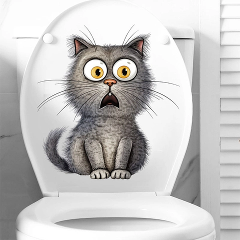 Divertida Pegatina de Inodoro de Gato Sorprendido Removible de PVC Calcomanía de Pared Decorativa Para Baño Hogar Gato