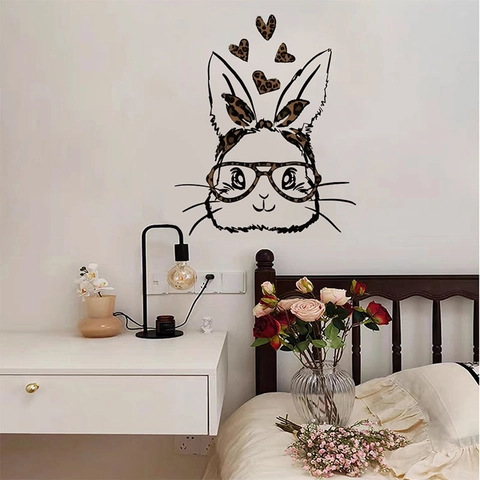Cartoon Rabbit Wall Sticker Leopard Print Bow Glasses Hearts Self Adhesive DIY PVC Decal For Living Room Bedroom Decor