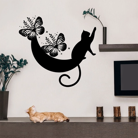 Modern Minimalist Black Cat Moon Butterfly Wall Sticker Silhouette PVC Self Adhesive Home Decor For Living Room Bedroom