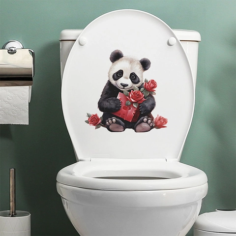 Sticker de Couvercle de Toilette Panda Mignon Avec Roses et Boîte Coeur Imperméable PVC Décalcomanie Animaux Salle de Bain