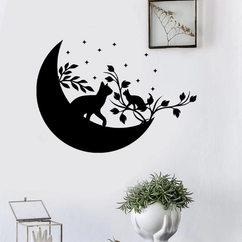 Artistic Black Cat Moon Silhouette Wall Sticker PVC Self Adhesive Star Branch Decal For Living Room Bedroom Home Decor