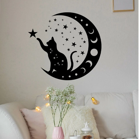 Schwarze Katze Silhouette Mond Sterne Wandtattoo PVC Dekorativer Aufkleber Für Wohnzimmer Schlafzimmer Home Decor Wandbild