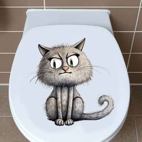 Divertido Adhesivo para Inodoro Expresión Gato Dibujos Animados Impermeable PVC Calcomanía Tapa Baño Decoración Animal