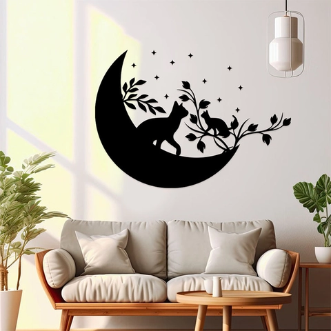 Artistic Black Cat Moon Silhouette Wall Sticker PVC Self Adhesive Star Branch Decal For Living Room Bedroom Home Decor
