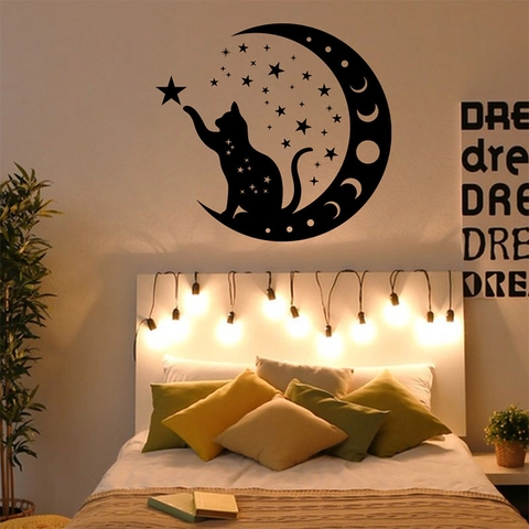 Schwarze Katze Silhouette Mond Sterne Wandtattoo PVC Dekorativer Aufkleber Für Wohnzimmer Schlafzimmer Home Decor Wandbild