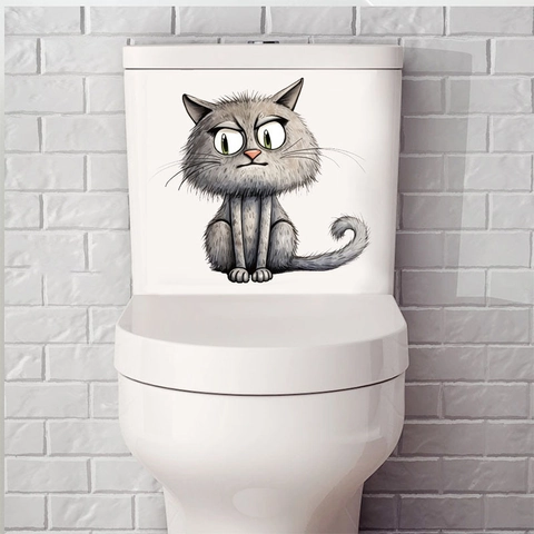 Divertido Adhesivo para Inodoro Expresión Gato Dibujos Animados Impermeable PVC Calcomanía Tapa Baño Decoración Animal