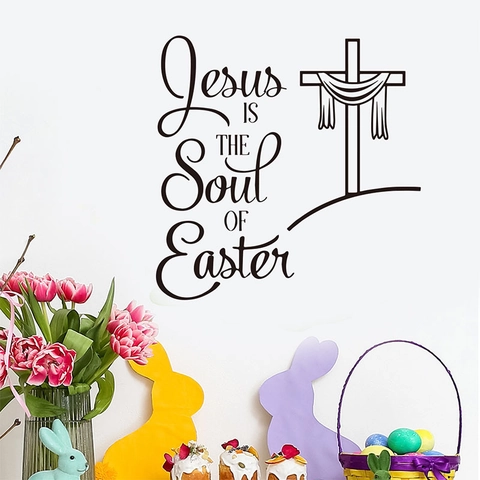 Jesus Is The Soul Of Easter Religieuze Muursticker Zwart PVC Kruis Patroon Tekst Kunst Decor Voor Woonkamer Huis