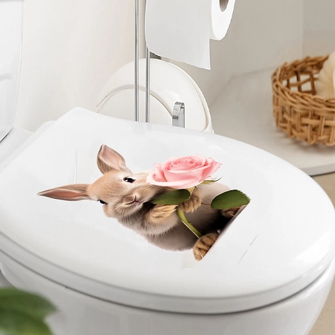 Adhesivo 3D para Inodoro de Conejo de Pascua Con Rosa Rosa Removible Impermeable PVC Calcomanía de Pared para Baño