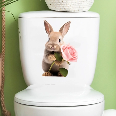 Adhesivo 3D para Inodoro de Conejo de Pascua Con Rosa Rosa Removible Impermeable PVC Calcomanía de Pared para Baño