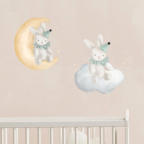 Cartoon Easter Rabbit Moon Cloud Stars Wall Stickers For Kids Room Nursery Decor Removable PVC Watercolor Animal Wall Decal