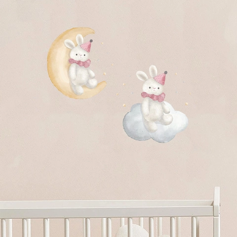 Stickers Muraux Lapin Aquarelle Lune Nuage Étoile Décalcomanies en PVC Pour Chambre d'Enfants Décoration de Pâques Maison