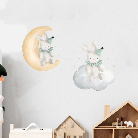 Cartoon Easter Rabbit Moon Cloud Stars Wall Stickers For Kids Room Nursery Decor Removable PVC Watercolor Animal Wall Decal