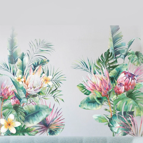 Adesivo da Parete Piante Tropicali Floreali Acquerello Protea Foglia di Palma PVC Autoadesivo Decalcomania Parete per Soggiorno