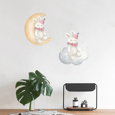 Stickers Muraux Lapin Aquarelle Lune Nuage Étoile Décalcomanies en PVC Pour Chambre d'Enfants Décoration de Pâques Maison