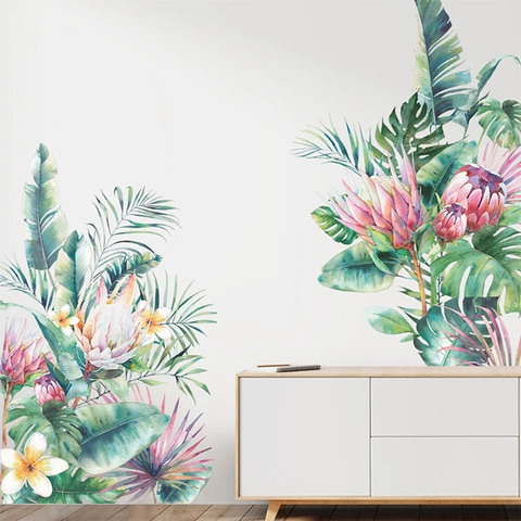 Adesivo da Parete Piante Tropicali Floreali Acquerello Protea Foglia di Palma PVC Autoadesivo Decalcomania Parete per Soggiorno