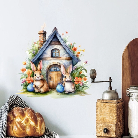 Aquarel Cartoon Konijn Huis Muursticker Verwijderbare PVC Zelfklevende Sticker Voor Woonkamer Slaapkamer Pasen Decor