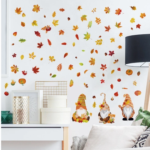 Thanksgiving Kabouters Muurstickers Herfst Esdoornbladeren Pompoen Eikels PVC Zelfklevende Stickers Voor Herfst Home Decor