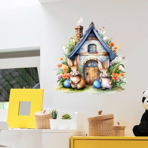 Aquarel Cartoon Konijn Huis Muursticker Verwijderbare PVC Zelfklevende Sticker Voor Woonkamer Slaapkamer Pasen Decor