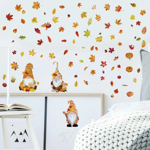 Thanksgiving Kabouters Muurstickers Herfst Esdoornbladeren Pompoen Eikels PVC Zelfklevende Stickers Voor Herfst Home Decor