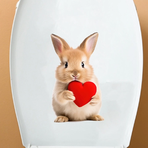 Lindo Conejo de Pascua con Corazón Pegatina para Inodoro Efecto 3D Removible PVC Impermeable Baño Calcomanía Decoración del Hogar