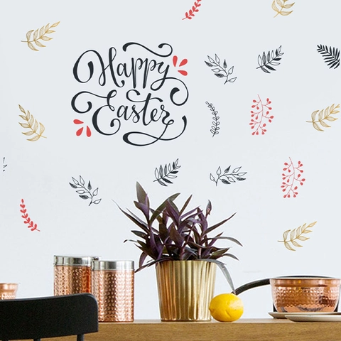 Happy Easter Wall Sticker Removable PVC Decorative Wall Decals With Leaves Floral Pattern For Living Room Bedroom Home Decor