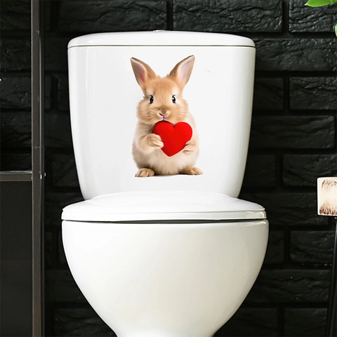 Lindo Conejo de Pascua con Corazón Pegatina para Inodoro Efecto 3D Removible PVC Impermeable Baño Calcomanía Decoración del Hogar