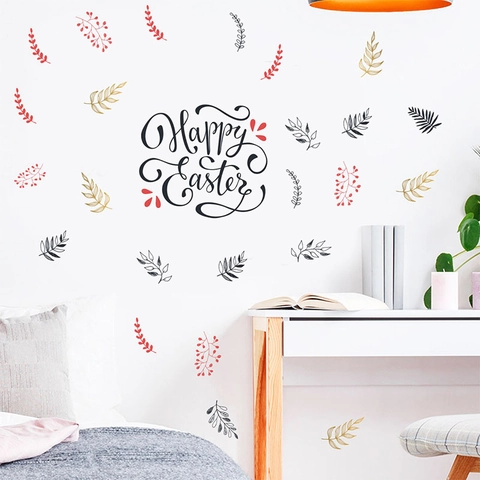 Happy Easter Wall Sticker Removable PVC Decorative Wall Decals With Leaves Floral Pattern For Living Room Bedroom Home Decor